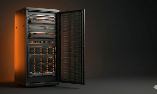 Rack de servidor de piso 19 polegadas preto da +55 RACKS com porta aberta, mostrando organização de cabos estruturados laranja e equipamentos de rede iluminados.